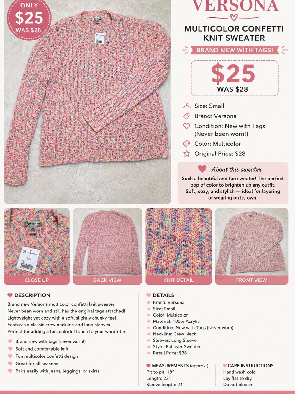 Versona Pink Multicolor Confetti Crewneck Sweater
